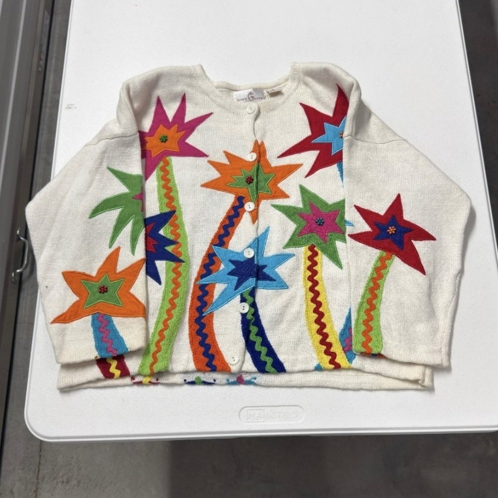 Jane's Closet Cardigan Womens XL Cream Excellent Embroidered Palm Tree Novelty